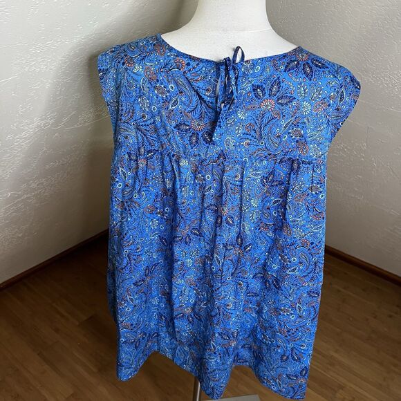 J Jill Top Womens 3X Blue Cotton Paisley Boho Tiered Cap Sleeve Keyhole Back - Picture 9 of 9